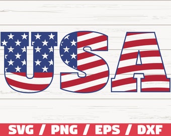 May include: USA in red, white, and blue with stars and stripes. The letters are outlined in blue. The background is a white woodgrain pattern. SVG, PNG, EPS, and DXF file formats are listed below the image.
