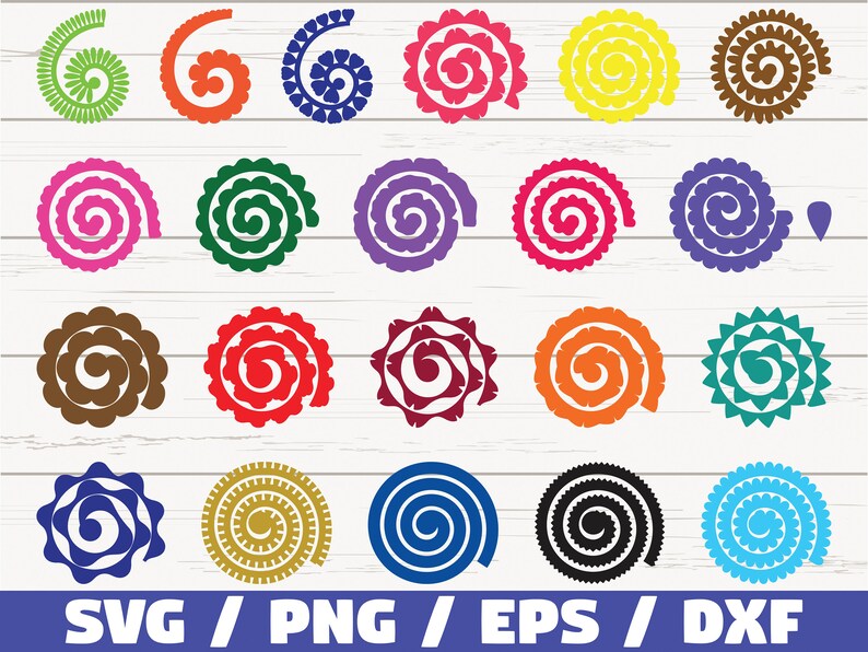 May include: Set of 20 colourful paper flower swirl templates for crafting. The templates are in various colours, including green, orange, blue, purple, red, brown, yellow, and teal. The templates are in the shape of a spiral.