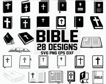 Może przedstawiać: Zestaw 28 czarno-białych wzorów SVG o tematyce biblijnej. Wzory zawierają różne obrazy Biblii, krzyży i słowa "BIBLE".