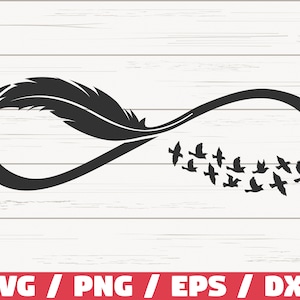 May include: Black infinity symbol with a feather and a flock of birds on a white wood grain background. The feather is at the beginning of the infinity symbol. The birds are flying away from the infinity symbol.