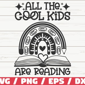 May include: Black and white graphic design featuring a rainbow made of paper clips and a pencil, with a heart and an open book underneath. The text reads "All the cool kids are reading".