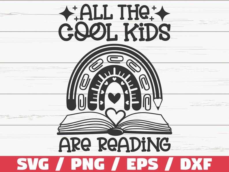 May include: Black and white graphic design featuring a rainbow made of paper clips and a pencil, with a heart and an open book underneath. The text reads "All the cool kids are reading".