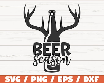 May include: Black and white silhouette of a beer bottle with antlers behind it. The text "BEER season" is written below the bottle.