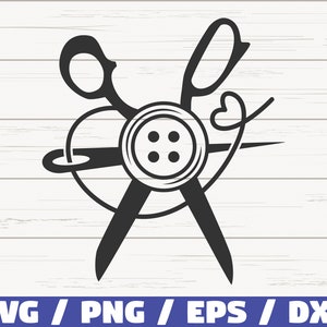 Peut inclure: Silhouette noire et blanche d'outils de couture, y compris des ciseaux, une aiguille et du fil, et un bouton. Les outils sont disposés en cercle autour d'un gros bouton.