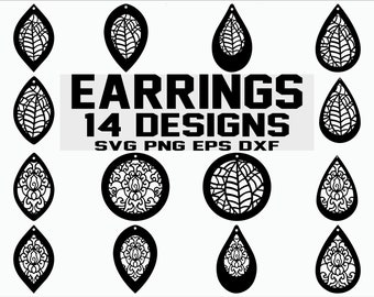May include: A set of 14 earring designs, featuring intricate patterns and shapes. The designs are black and white and are perfect for crafting and DIY projects.  EARRINGS 14 DESIGNS SVG PNG EPS DXF