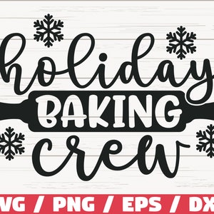 Może przedstawiać: Czarno-biały projekt z tekstem "holiday baking crew" i płatkami śniegu. Tekst jest napisany kursywą, a płatki śniegu są stylizowane.