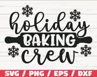 Può includere: Design in bianco e nero con il testo "holiday baking crew" e fiocchi di neve. Il testo è in un font corsivo e i fiocchi di neve sono stilizzati.
