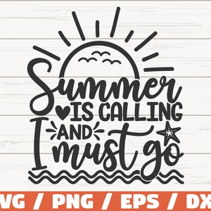 Może przedstawiać: Czarno-biały projekt graficzny z słońcem, ptakami, falami i tekstem "Summer is calling and I must go".