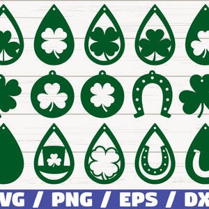 May include: A set of 16 green SVG cut files for earrings featuring shamrocks, horseshoes, and a leprechaun hat. The files are perfect for creating St. Patrick's Day themed earrings.