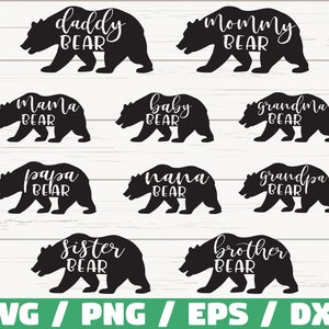 Famiglia di orsi SVG / Mamma orsa SVG / Papà orso SVG / Clip art / Silhouette / Cricut / Bambino / Sorella / Fratello / Nana / Papà / Uso commerciale