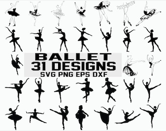 Puede incluir: Imagen en blanco y negro con 31 diseños de bailarinas de ballet en varias poses. Las bailarinas están representadas en silueta, con tutús y movimientos elegantes. El texto dice "BALLET 31 DESIGNS SVG PNG EPS DXF".