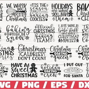 Könnte beinhalten: Ein schwarz-weißes Grafikdesign mit 16 verschiedenen Weihnachtsbackzitaten. Die Zitate beinhalten "Baking Christmas Cheer", "Baking Through The Snow", "Christmas Calories Don't Count", "Have A Sweet Christmas", und "Tis The Season To Bake Cookies".