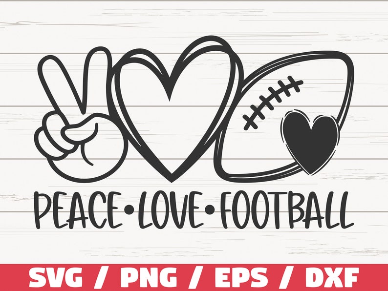Może przedstawiać: Czarno-biały projekt graficzny z symbolem pokoju, sercem i piłką nożną. Tekst "Peace Love Football" znajduje się pod projektem.