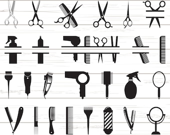 May include: A set of black and white silhouette icons of hairdressing tools, including scissors, combs, razors, hair dryers, and a barber pole.