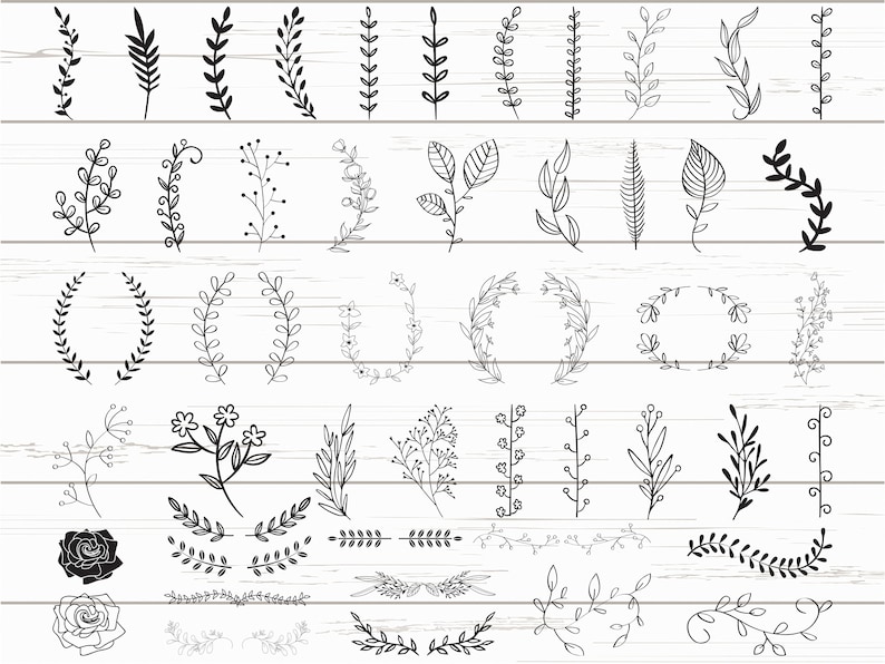 Pode incluir: Uma cole&ccedil;&atilde;o de ilustra&ccedil;&otilde;es bot&acirc;nicas em preto e branco, incluindo folhas, galhos e elementos florais. Os designs variam em estilo, de contornos simples a representa&ccedil;&otilde;es mais detalhadas, todos dispostos sobre um fundo branco com gr&atilde;o de madeira.