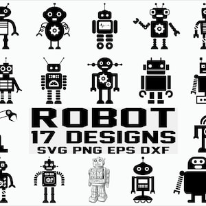 Könnte beinhalten: Ein Satz von 17 Schwarzweiß-Roboterillustrationen. Die Roboter sind in verschiedenen Posen und Designs. Der Text "ROBOT 17 DESIGNS SVG PNG EPS DXF" befindet sich am unteren Rand des Bildes.