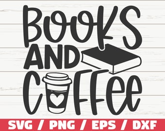Puede incluir: Diseño gráfico en blanco y negro con el texto "Books and Coffee". El diseño presenta una taza de café estilizada y un libro.