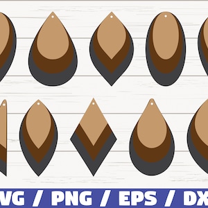 May include: A set of 10 layered earring templates in brown, dark brown, and gray colors. The templates are in various shapes, including teardrop, oval, and diamond.