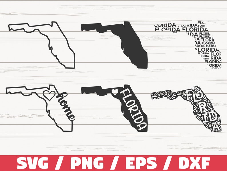 May include: Four different designs of the state of Florida. The first design is a simple outline of the state. The second design is a solid black outline of the state. The third design is an outline of the state with a heart and the word "home" written inside. The fourth design is an outline of the state with the word "Florida" written inside.
