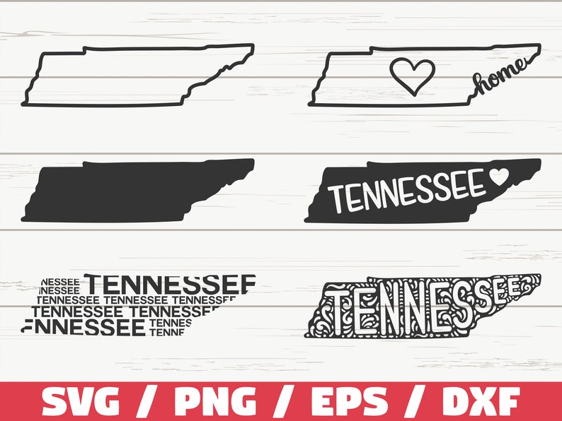 May include: A set of five black and white Tennessee state outline SVG cut files. The outlines include a heart, the word "home", and the word "Tennessee".