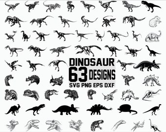 May include: A set of 63 black and white dinosaur illustrations. The illustrations are in a variety of poses and styles, including some with skeletal details. The text "Dinosaur 63 Designs SVG PNG EPS DXF" is at the bottom of the image.