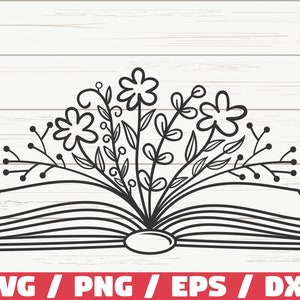 May include: Black and white line art illustration of an open book with flowers growing out of it. The book is closed on the right side and open on the left side. The flowers are stylized and have simple shapes.