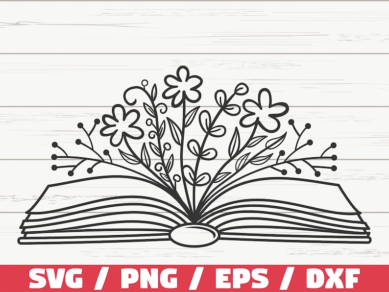 May include: Black and white line art illustration of an open book with flowers growing out of it. The book is closed on the right side and open on the left side. The flowers are stylized and have simple shapes.