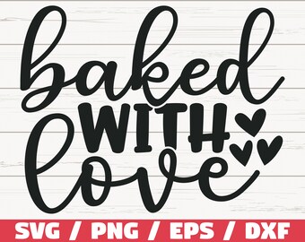 Puede incluir: Texto gráfico en blanco y negro que dice "baked with love" con tres pequeños corazones.