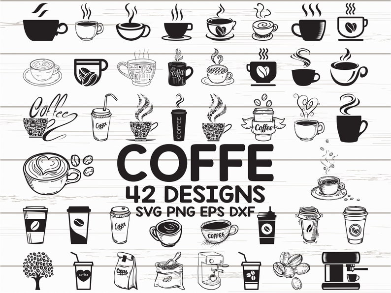 Op de afbeelding: Een verzameling van 42 zwart-wit ontwerpen met koffiethema. De afbeelding bevat verschillende koffiekopjes, koffiebonen en illustraties gerelateerd aan koffie. Het woord "COFFEE" wordt prominent weergegeven, samen met de tekst "42 DESIGNS SVG PNG EPS DXF".