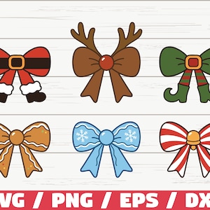 Puede incluir: Seis diseños de lazos navideños. Los lazos presentan elementos festivos como Papá Noel, cuernos de reno, zapatos de elfo, pan de jengibre, copos de nieve y rayas de bastón de caramelo. El texto "SVG / PNG / EPS / DXF" se muestra en la parte inferior.