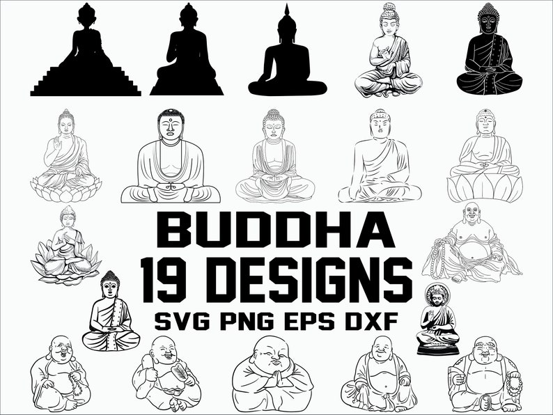 Puede incluir: Un conjunto de 19 dise&ntilde;os de arte de l&iacute;nea en blanco y negro de Buda en varias poses. Los dise&ntilde;os incluyen una silueta de Buda, Buda sentado en meditaci&oacute;n y Buda con una barriga grande. El texto "BUDDHA 19 DESIGNS SVG PNG EPS DXF" est&aacute; en la parte inferior de la imagen.