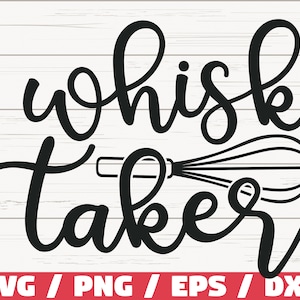 Könnte beinhalten: Schwarzweißes Grafikdesign mit dem Text "whisk taker" und einer Illustration eines Schneebesens.
