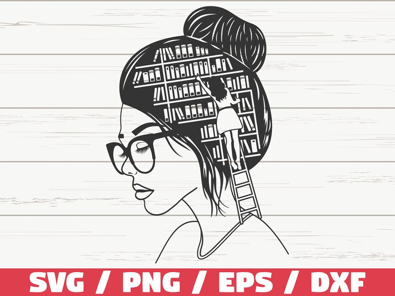 May include: Black and white line art illustration of a woman with a bookshelf in her head. The woman is wearing glasses and has her hair pulled back in a bun. A small figure is climbing a ladder to reach a book on the top shelf.