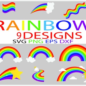 Puede incluir: Nueve diseños de arcoíris en formatos SVG, PNG, EPS y DXF. Los diseños incluyen un arco de arcoíris, un arcoíris con nubes, un arcoíris con una estrella, un arcoíris con una nube y una estrella, y un arcoíris ondulado.