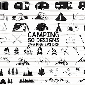 Pacchetto SVG da campeggio / Camper Svg / Estate Svg / Falò Svg / Clipart da campeggio / Cricut / Taglia file / Silhouette / Vettore