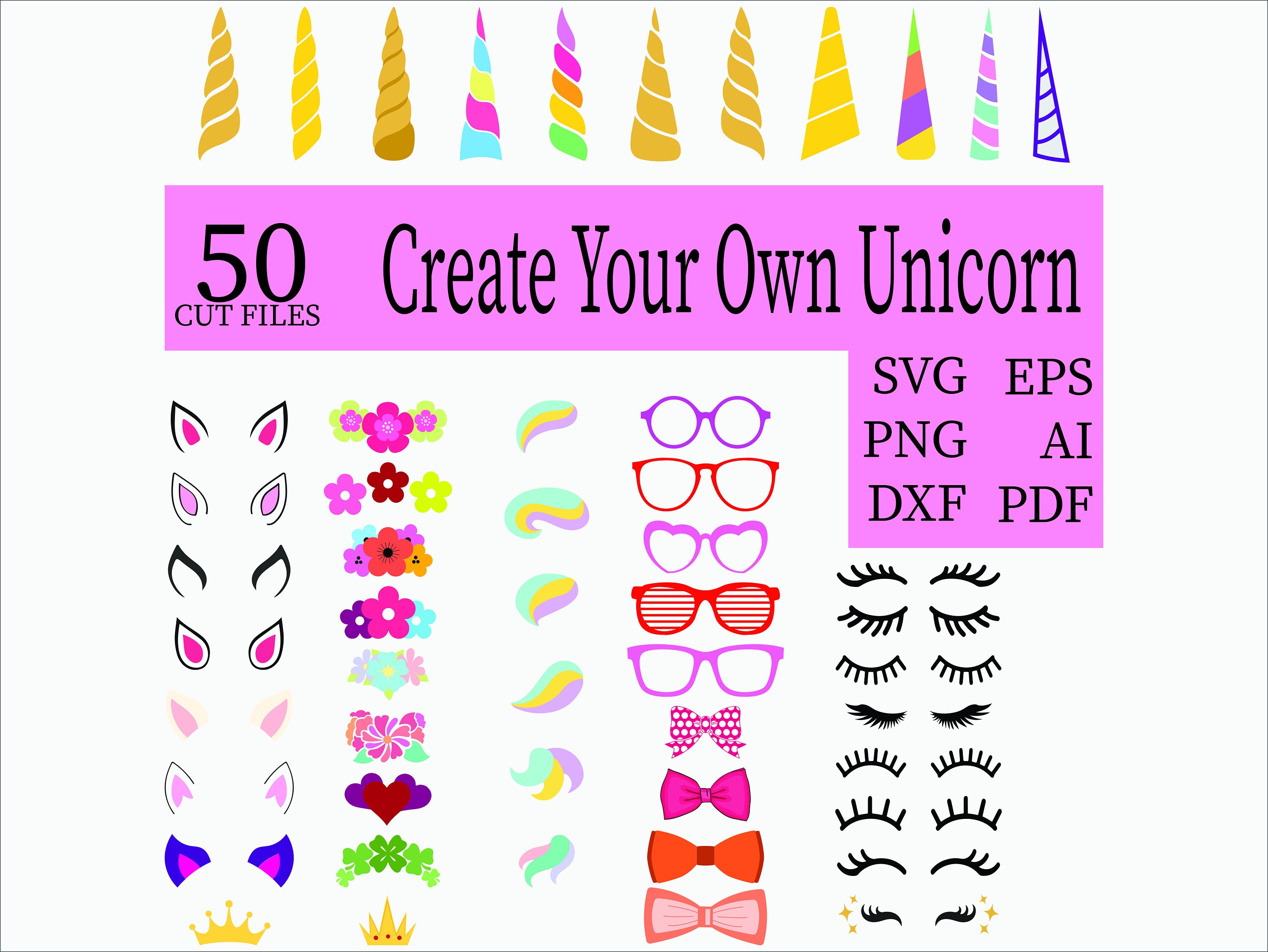 Unicorn svg/ Unicorn Kit Svg/ Create your own/ Lashes Svg/ Unicorn fa…