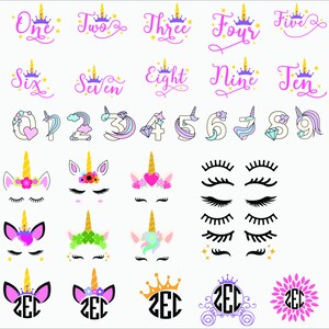 May include: A set of digital clipart featuring unicorn-themed designs, including numbers, words, and images. The designs are in pink, purple, blue, and yellow colors. The words include "One", "Two", "Three", "Four", "Five", "Six", "Seven", "Eight", "Nine", and "Ten".