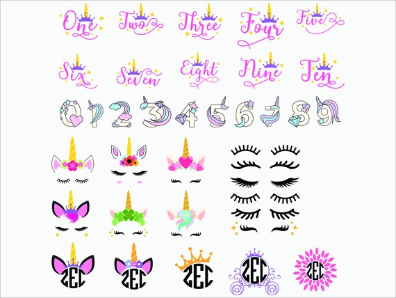 Unicorn Numbers Head Monogram Princess SVGEPSPNG Printable filesClipart Sihlouette files Cuttable files Vector files digital