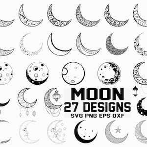 Könnte beinhalten: Ein Set mit 27 schwarzen und weißen Monddesigns, darunter Sichelmonde, Vollmonde und Monde mit dekorativen Elementen. Der Text "MOON 27 DESIGNS SVG PNG EPS DXF" wird unterhalb der Monde angezeigt.