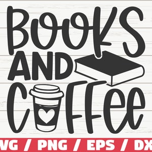 May include: Black and white graphic design with the text "Books and Coffee". The design features a stylized coffee cup and a book.