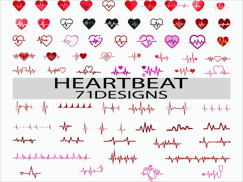 May include: A collection of 71 heartbeat designs featuring red, pink, and black heart icons with EKG lines. The designs are perfect for use in digital or print projects.