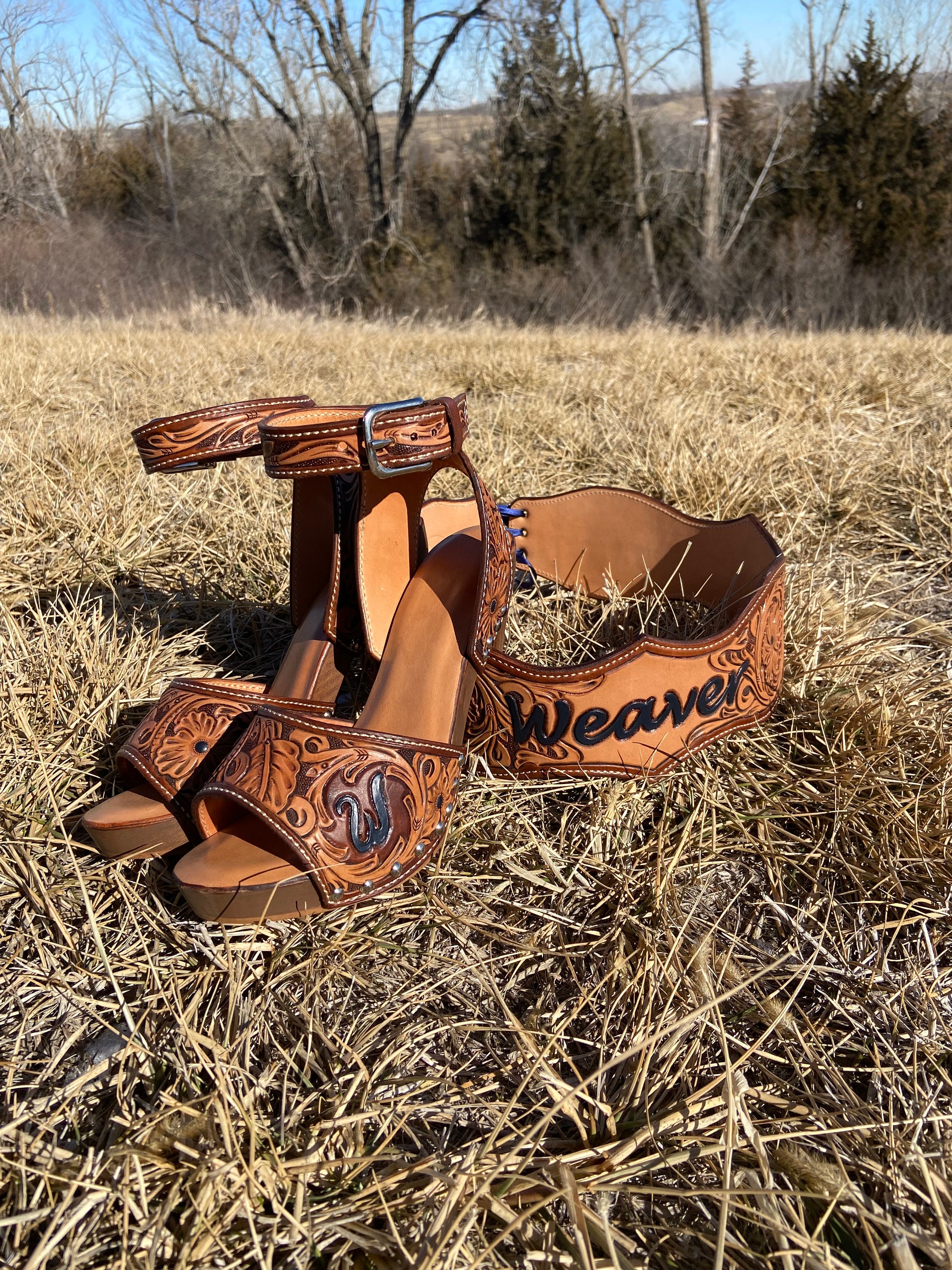 Tooled leather wedge sandals sale