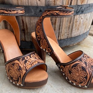 tooled leather wedges