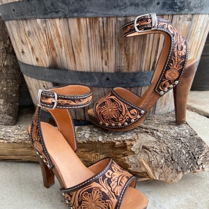 tooled leather wedges