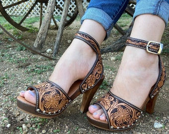 Handmade Leather Tooled Heels or Wedges