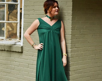Vintage verde oscuro estilo imperio 1970s Maxi vestido