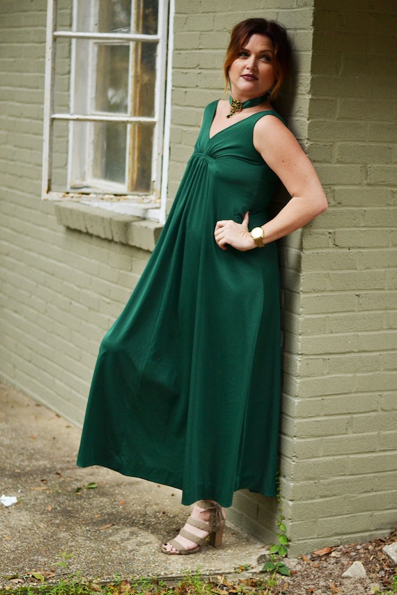 Vintage Dark Green Empire Style 1970s Maxi Dress - image 2