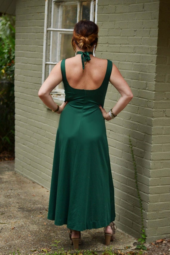 Vintage Dark Green Empire Style 1970s Maxi Dress - image 3