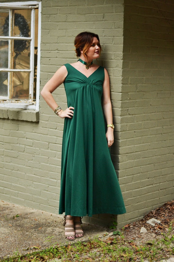 Vintage Dark Green Empire Style 1970s Maxi Dress