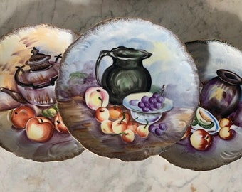 Platos de fruta vintage Ucagco – Juego de 3 platos de porcelana pintados a mano con borde dorado – Japón de mediados de siglo – Platos decorativos coleccionables